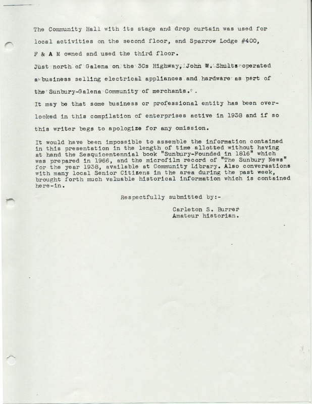 The Sunbury and Galena Communities and how they were in 1938 when Sunbury Lions Club Originated (p. 8)