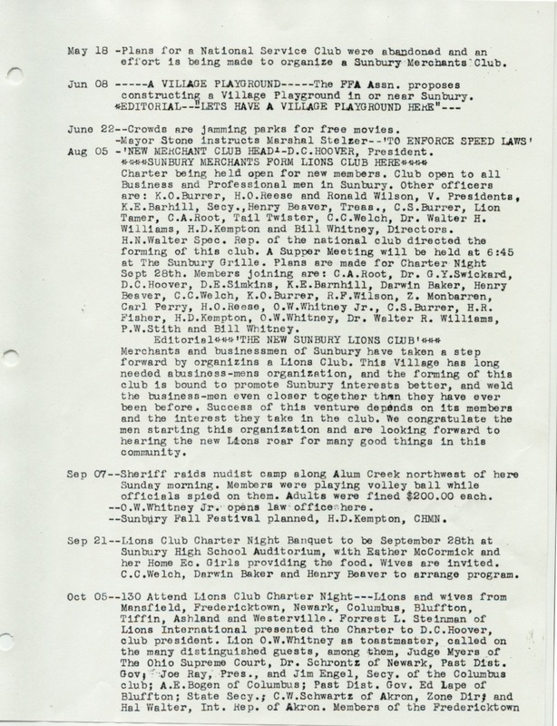 The Sunbury and Galena Communities and how they were in 1938 when Sunbury Lions Club Originated (p. 12)