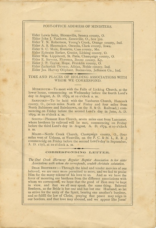 Minutes of the Forty-Sixth Annual Session of the Owl Creek Harmony Regular Baptist Association Begun and Held With Marlborough Church, Delaware County, O. (p. 6)