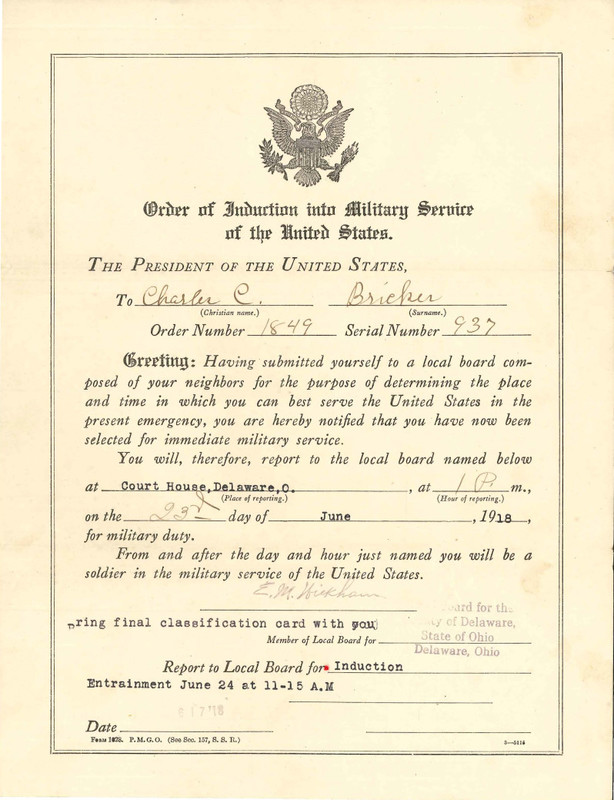 C.C. Bricker's Induction Paper to US Military Service