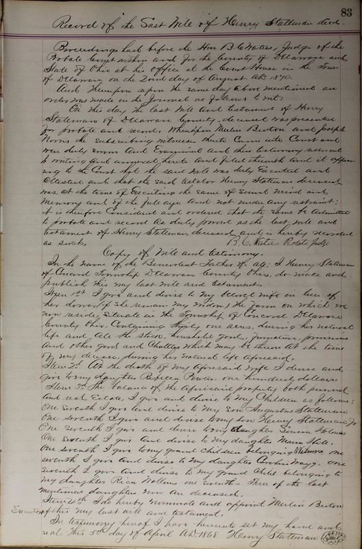 Delaware County Ohio Will Records Vol. 5 1869-1876 (p. 116)