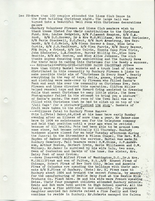 The Sunbury and Galena Communities and how they were in 1938 when Sunbury Lions Club Originated (p. 14)